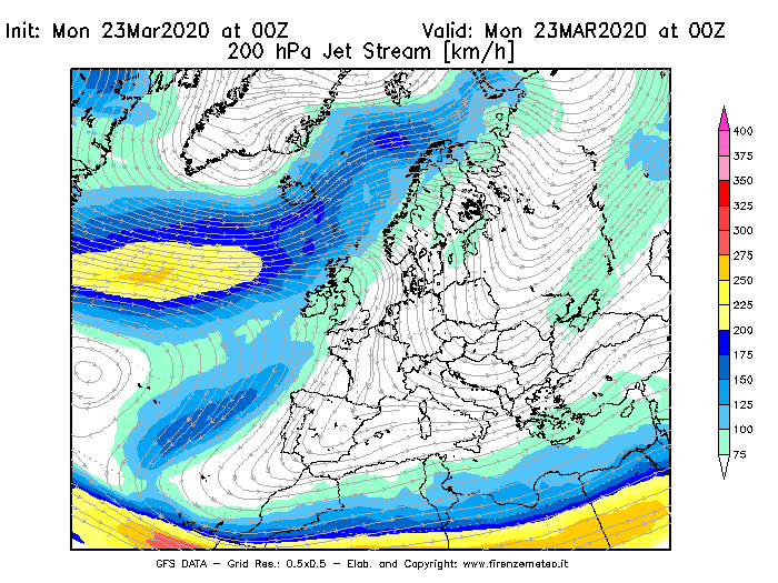 Mappa di analisi GFS - Jet Stream a 200 hPa in Europa
							del 23/03/2020 00 <!--googleoff: index-->UTC<!--googleon: index-->