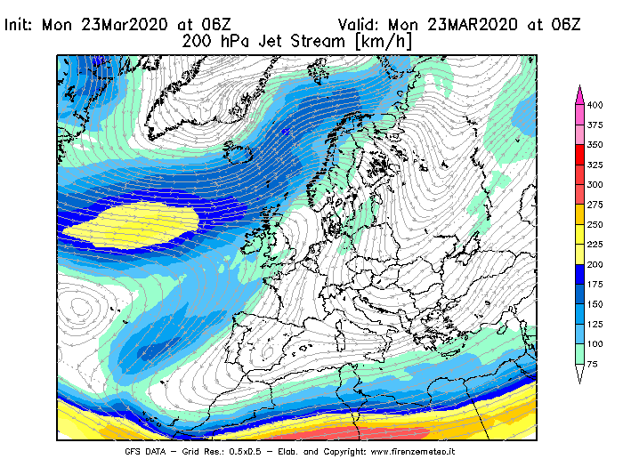 Mappa di analisi GFS - Jet Stream a 200 hPa in Europa
							del 23/03/2020 06 <!--googleoff: index-->UTC<!--googleon: index-->