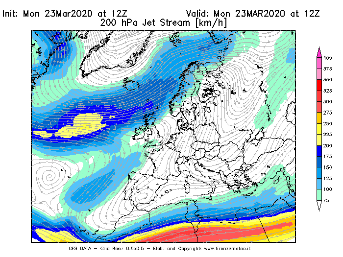 Mappa di analisi GFS - Jet Stream a 200 hPa in Europa
							del 23/03/2020 12 <!--googleoff: index-->UTC<!--googleon: index-->