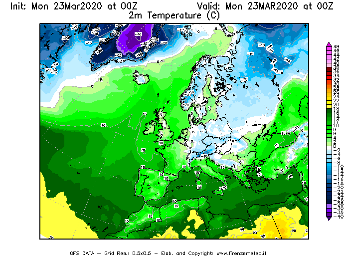 Mappa di analisi GFS - Temperatura a 2 metri dal suolo [°C] in Europa
							del 23/03/2020 00 <!--googleoff: index-->UTC<!--googleon: index-->
