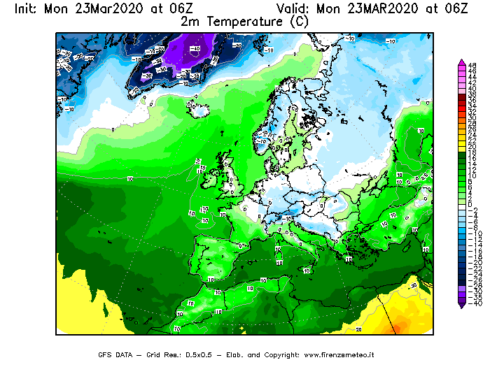 Mappa di analisi GFS - Temperatura a 2 metri dal suolo [°C] in Europa
							del 23/03/2020 06 <!--googleoff: index-->UTC<!--googleon: index-->