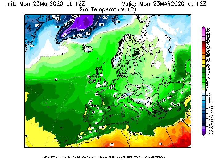 Mappa di analisi GFS - Temperatura a 2 metri dal suolo [°C] in Europa
							del 23/03/2020 12 <!--googleoff: index-->UTC<!--googleon: index-->