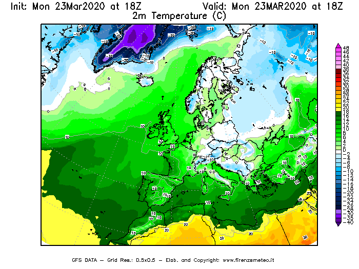 Mappa di analisi GFS - Temperatura a 2 metri dal suolo [°C] in Europa
							del 23/03/2020 18 <!--googleoff: index-->UTC<!--googleon: index-->
