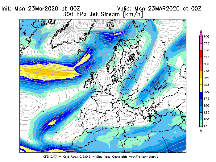 Mappa di analisi GFS - Jet Stream a 300 hPa in Europa
							del 23/03/2020 00 <!--googleoff: index-->UTC<!--googleon: index-->