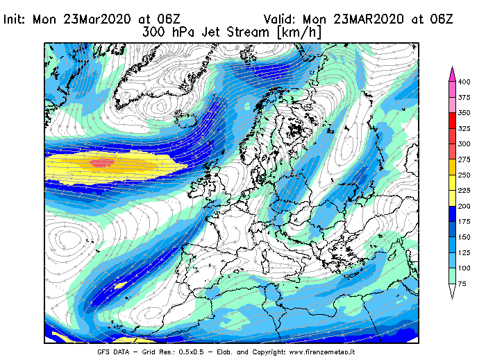 Mappa di analisi GFS - Jet Stream a 300 hPa in Europa
							del 23/03/2020 06 <!--googleoff: index-->UTC<!--googleon: index-->