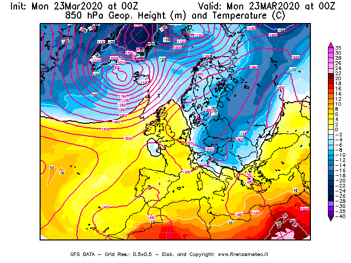 Mappa di analisi GFS - Geopotenziale [m] e Temperatura [°C] a 850 hPa in Europa
							del 23/03/2020 00 <!--googleoff: index-->UTC<!--googleon: index-->