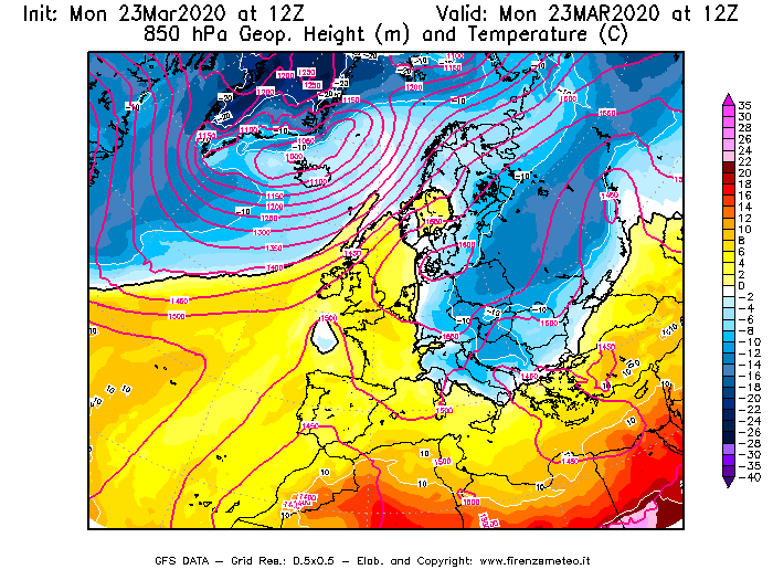 Mappa di analisi GFS - Geopotenziale [m] e Temperatura [°C] a 850 hPa in Europa
							del 23/03/2020 12 <!--googleoff: index-->UTC<!--googleon: index-->