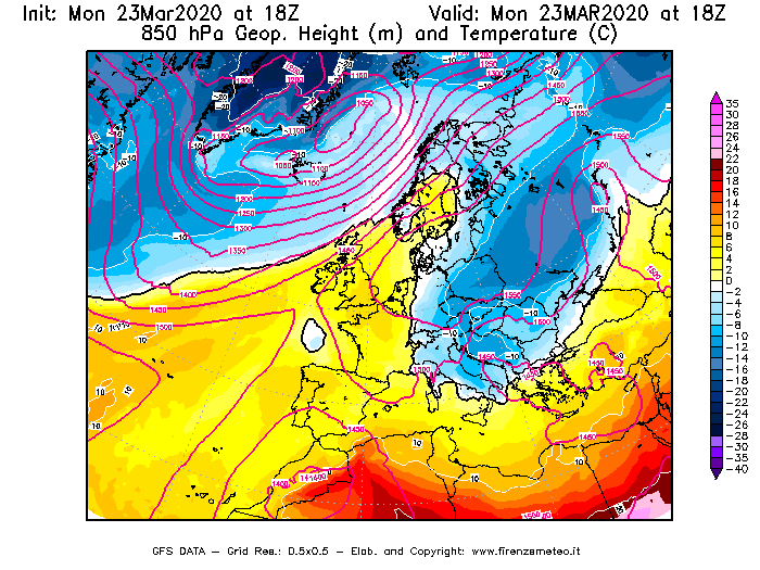 Mappa di analisi GFS - Geopotenziale [m] e Temperatura [°C] a 850 hPa in Europa
							del 23/03/2020 18 <!--googleoff: index-->UTC<!--googleon: index-->