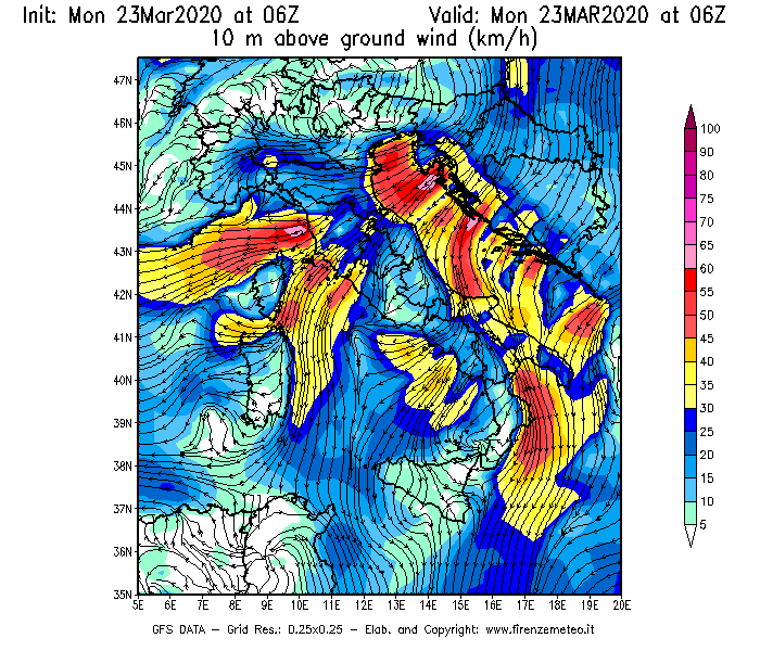 Mappa di analisi GFS - Velocità del vento a 10 metri dal suolo [km/h] in Italia
							del 23/03/2020 06 <!--googleoff: index-->UTC<!--googleon: index-->