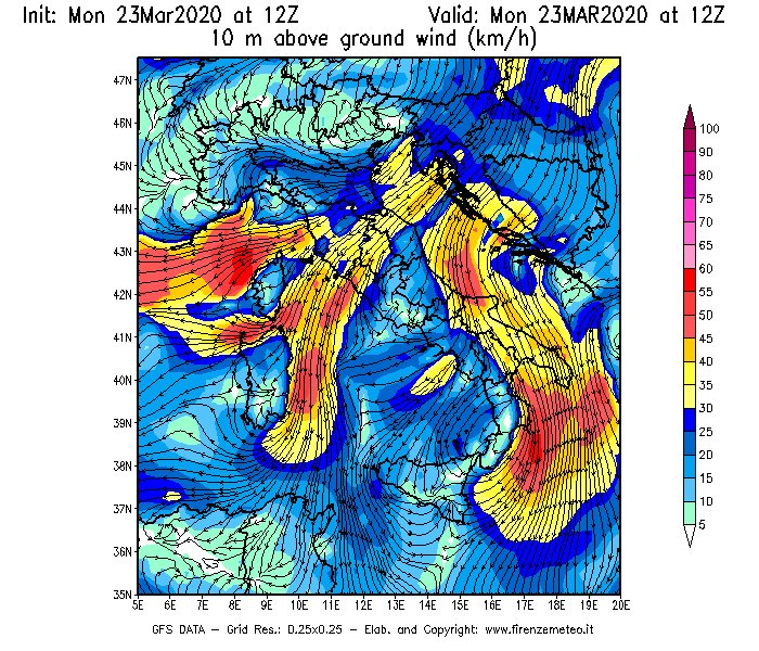 Mappa di analisi GFS - Velocità del vento a 10 metri dal suolo [km/h] in Italia
							del 23/03/2020 12 <!--googleoff: index-->UTC<!--googleon: index-->