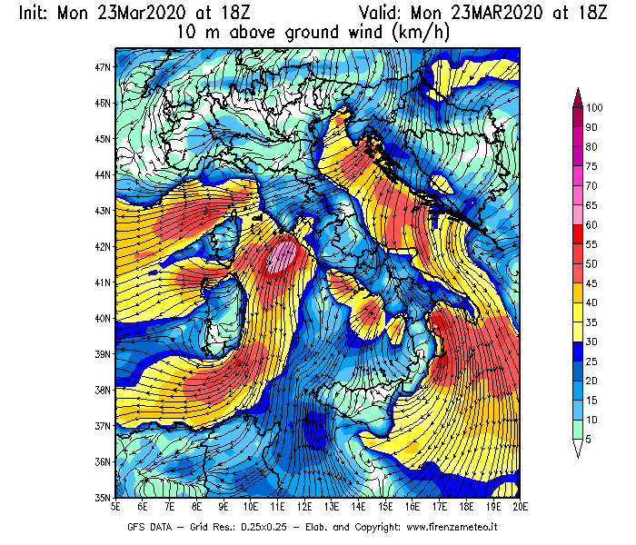 Mappa di analisi GFS - Velocità del vento a 10 metri dal suolo [km/h] in Italia
							del 23/03/2020 18 <!--googleoff: index-->UTC<!--googleon: index-->