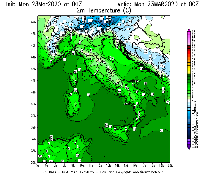 Mappa di analisi GFS - Temperatura a 2 metri dal suolo [°C] in Italia
							del 23/03/2020 00 <!--googleoff: index-->UTC<!--googleon: index-->