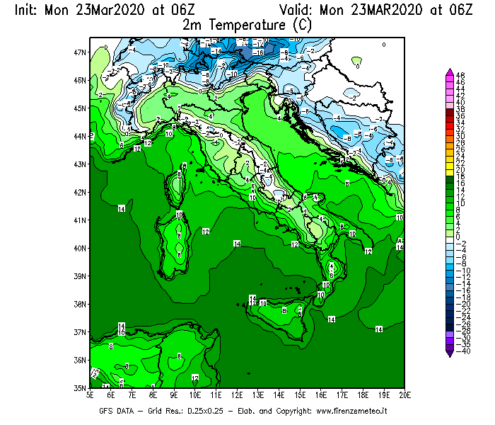 Mappa di analisi GFS - Temperatura a 2 metri dal suolo [°C] in Italia
							del 23/03/2020 06 <!--googleoff: index-->UTC<!--googleon: index-->