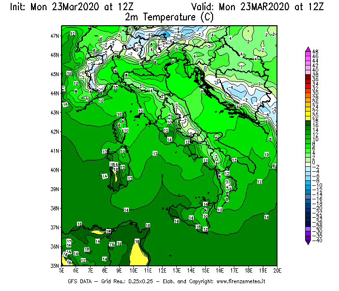 Mappa di analisi GFS - Temperatura a 2 metri dal suolo [°C] in Italia
							del 23/03/2020 12 <!--googleoff: index-->UTC<!--googleon: index-->