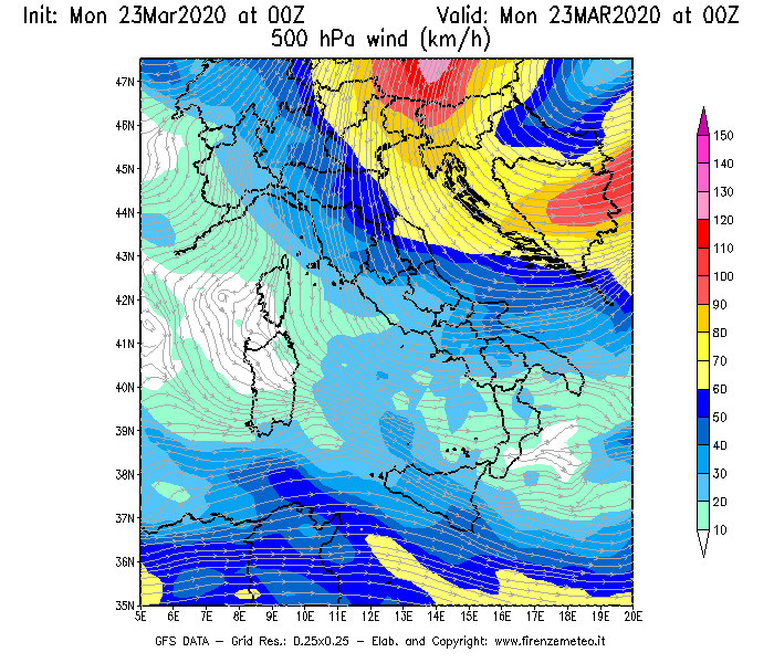 Mappa di analisi GFS - Velocità del vento a 500 hPa [km/h] in Italia
							del 23/03/2020 00 <!--googleoff: index-->UTC<!--googleon: index-->
