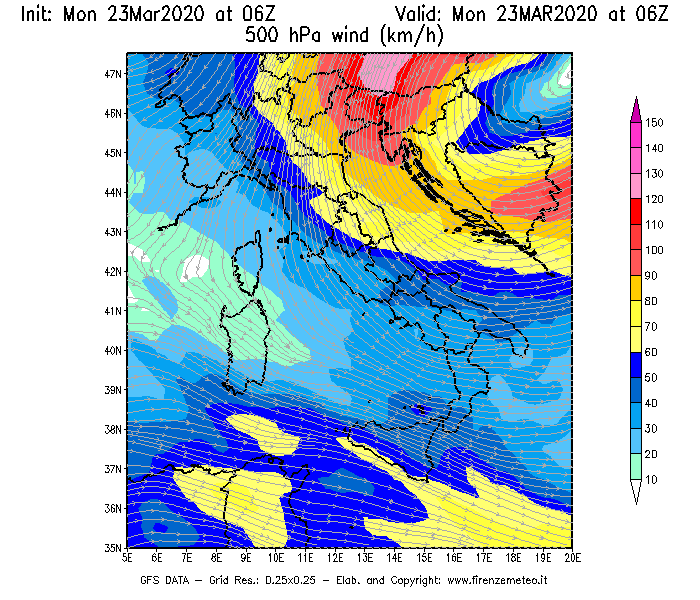 Mappa di analisi GFS - Velocità del vento a 500 hPa [km/h] in Italia
							del 23/03/2020 06 <!--googleoff: index-->UTC<!--googleon: index-->