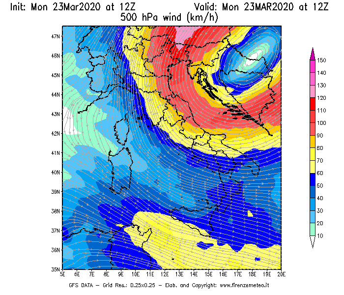 Mappa di analisi GFS - Velocità del vento a 500 hPa [km/h] in Italia
							del 23/03/2020 12 <!--googleoff: index-->UTC<!--googleon: index-->