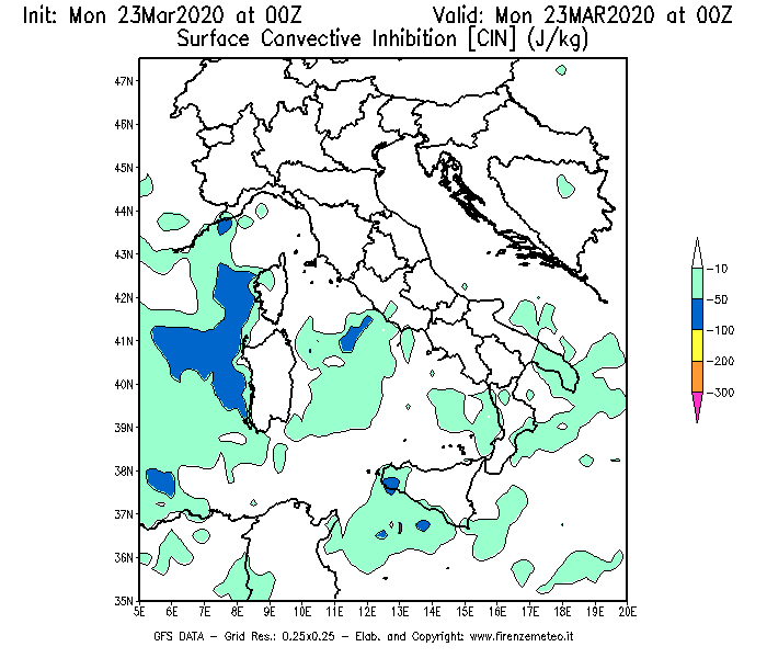 Mappa di analisi GFS - CIN [J/kg] in Italia
							del 23/03/2020 00 <!--googleoff: index-->UTC<!--googleon: index-->
