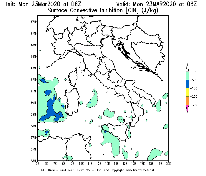 Mappa di analisi GFS - CIN [J/kg] in Italia
							del 23/03/2020 06 <!--googleoff: index-->UTC<!--googleon: index-->
