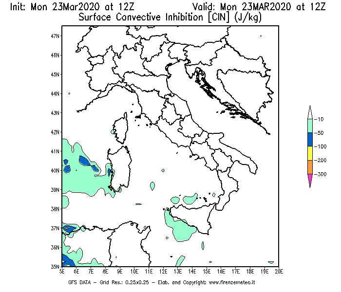 Mappa di analisi GFS - CIN [J/kg] in Italia
							del 23/03/2020 12 <!--googleoff: index-->UTC<!--googleon: index-->