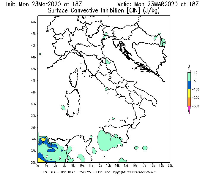 Mappa di analisi GFS - CIN [J/kg] in Italia
							del 23/03/2020 18 <!--googleoff: index-->UTC<!--googleon: index-->