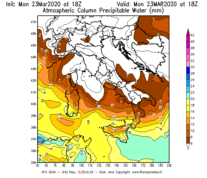Mappa di analisi GFS - Precipitable Water [mm] in Italia
							del 23/03/2020 18 <!--googleoff: index-->UTC<!--googleon: index-->