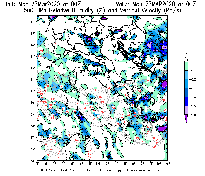 Mappa di analisi GFS - Umidità relativa [%] e Omega [Pa/s] a 500 hPa in Italia
							del 23/03/2020 00 <!--googleoff: index-->UTC<!--googleon: index-->