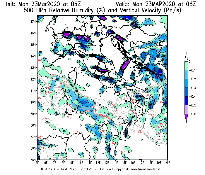 Mappa di analisi GFS - Umidità relativa [%] e Omega [Pa/s] a 500 hPa in Italia
							del 23/03/2020 06 <!--googleoff: index-->UTC<!--googleon: index-->