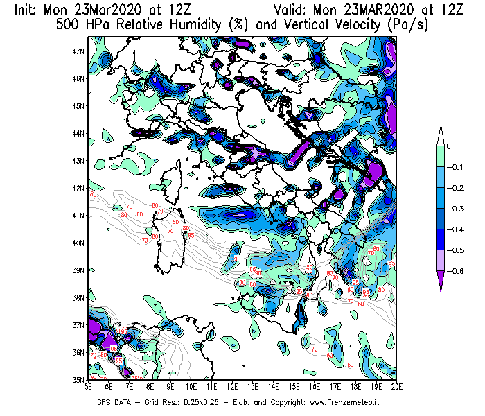 Mappa di analisi GFS - Umidità relativa [%] e Omega [Pa/s] a 500 hPa in Italia
							del 23/03/2020 12 <!--googleoff: index-->UTC<!--googleon: index-->