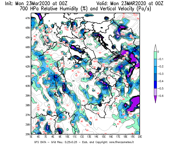 Mappa di analisi GFS - Umidità relativa [%] e Omega [Pa/s] a 700 hPa in Italia
							del 23/03/2020 00 <!--googleoff: index-->UTC<!--googleon: index-->
