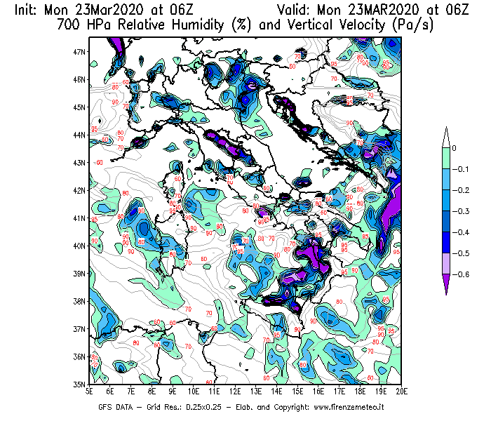 Mappa di analisi GFS - Umidità relativa [%] e Omega [Pa/s] a 700 hPa in Italia
							del 23/03/2020 06 <!--googleoff: index-->UTC<!--googleon: index-->