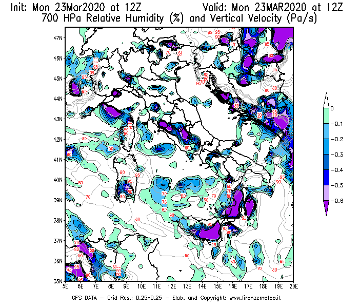 Mappa di analisi GFS - Umidità relativa [%] e Omega [Pa/s] a 700 hPa in Italia
							del 23/03/2020 12 <!--googleoff: index-->UTC<!--googleon: index-->