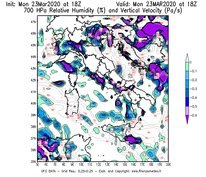 Mappa di analisi GFS - Umidità relativa [%] e Omega [Pa/s] a 700 hPa in Italia
							del 23/03/2020 18 <!--googleoff: index-->UTC<!--googleon: index-->