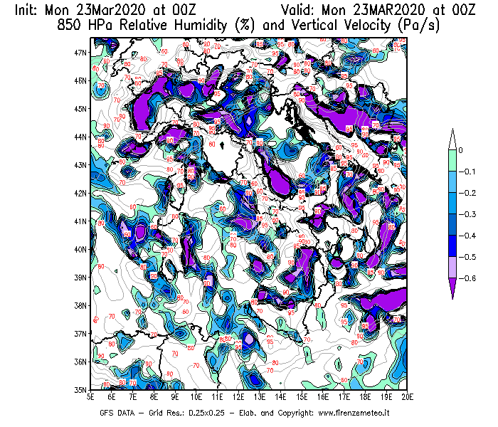 Mappa di analisi GFS - Umidità relativa [%] e Omega [Pa/s] a 850 hPa in Italia
							del 23/03/2020 00 <!--googleoff: index-->UTC<!--googleon: index-->