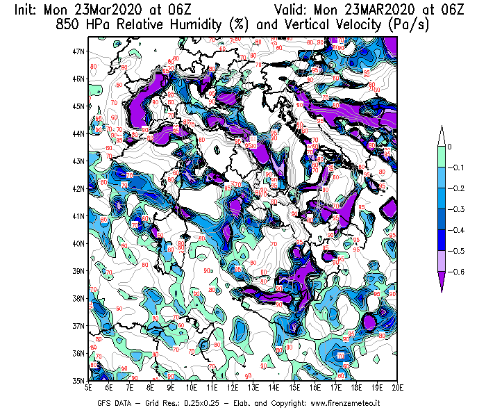 Mappa di analisi GFS - Umidità relativa [%] e Omega [Pa/s] a 850 hPa in Italia
							del 23/03/2020 06 <!--googleoff: index-->UTC<!--googleon: index-->