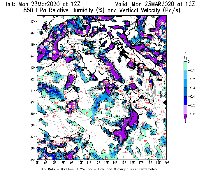 Mappa di analisi GFS - Umidità relativa [%] e Omega [Pa/s] a 850 hPa in Italia
							del 23/03/2020 12 <!--googleoff: index-->UTC<!--googleon: index-->