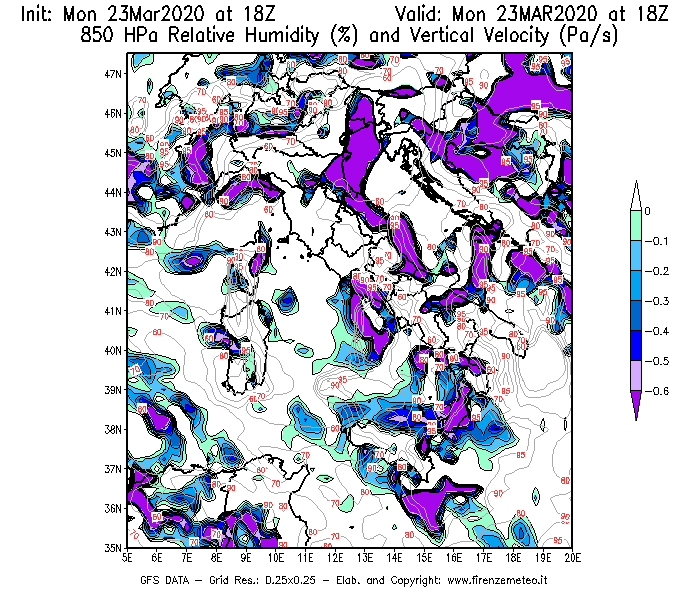 Mappa di analisi GFS - Umidità relativa [%] e Omega [Pa/s] a 850 hPa in Italia
							del 23/03/2020 18 <!--googleoff: index-->UTC<!--googleon: index-->