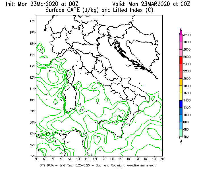 Mappa di analisi GFS - CAPE [J/kg] e Lifted Index [°C] in Italia
							del 23/03/2020 00 <!--googleoff: index-->UTC<!--googleon: index-->