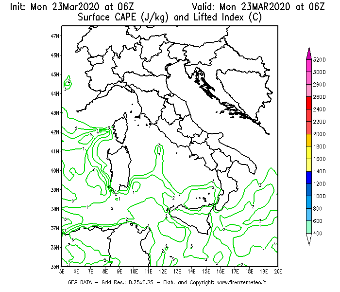 Mappa di analisi GFS - CAPE [J/kg] e Lifted Index [°C] in Italia
							del 23/03/2020 06 <!--googleoff: index-->UTC<!--googleon: index-->