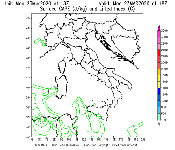 Mappa di analisi GFS - CAPE [J/kg] e Lifted Index [°C] in Italia
							del 23/03/2020 18 <!--googleoff: index-->UTC<!--googleon: index-->