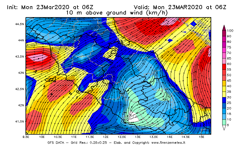Mappa di analisi GFS - Velocità del vento a 10 metri dal suolo [km/h] in Centro-Italia
							del 23/03/2020 06 <!--googleoff: index-->UTC<!--googleon: index-->