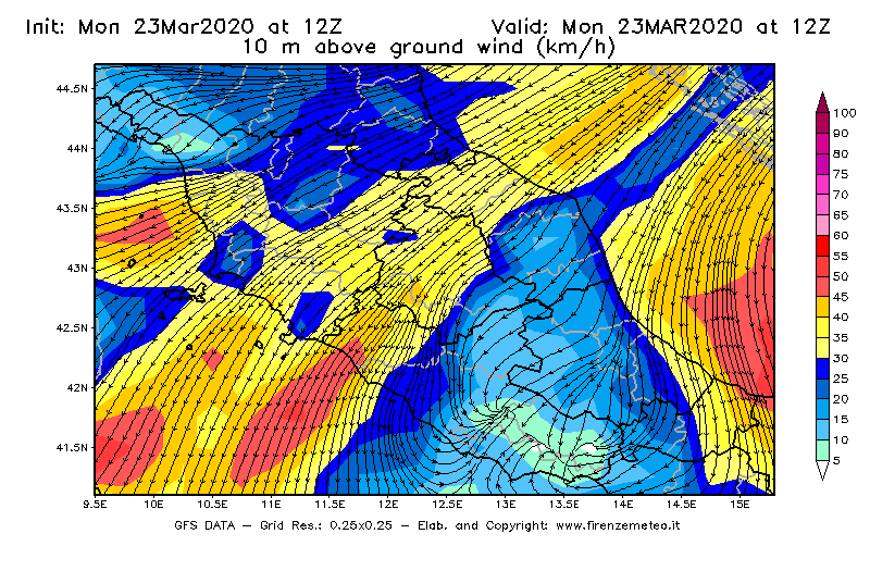 Mappa di analisi GFS - Velocità del vento a 10 metri dal suolo [km/h] in Centro-Italia
							del 23/03/2020 12 <!--googleoff: index-->UTC<!--googleon: index-->