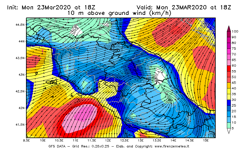 Mappa di analisi GFS - Velocità del vento a 10 metri dal suolo [km/h] in Centro-Italia
							del 23/03/2020 18 <!--googleoff: index-->UTC<!--googleon: index-->