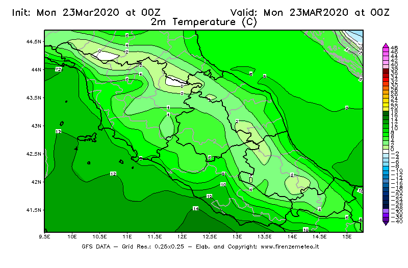Mappa di analisi GFS - Temperatura a 2 metri dal suolo [°C] in Centro-Italia
							del 23/03/2020 00 <!--googleoff: index-->UTC<!--googleon: index-->