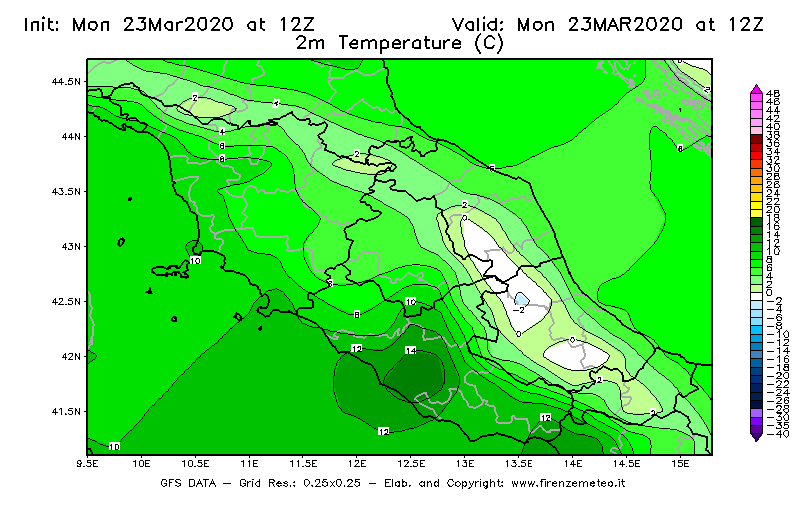 Mappa di analisi GFS - Temperatura a 2 metri dal suolo [°C] in Centro-Italia
							del 23/03/2020 12 <!--googleoff: index-->UTC<!--googleon: index-->