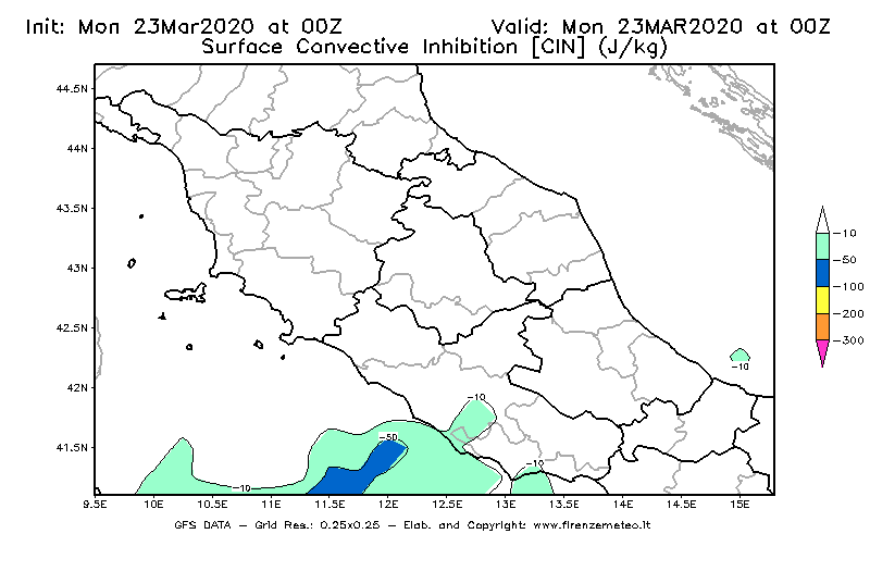 Mappa di analisi GFS - CIN [J/kg] in Centro-Italia
							del 23/03/2020 00 <!--googleoff: index-->UTC<!--googleon: index-->