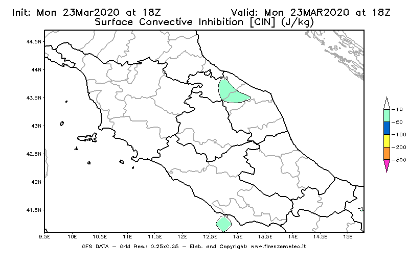 Mappa di analisi GFS - CIN [J/kg] in Centro-Italia
							del 23/03/2020 18 <!--googleoff: index-->UTC<!--googleon: index-->
