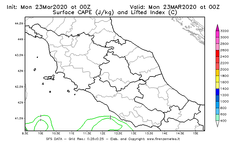Mappa di analisi GFS - CAPE [J/kg] e Lifted Index [°C] in Centro-Italia
							del 23/03/2020 00 <!--googleoff: index-->UTC<!--googleon: index-->