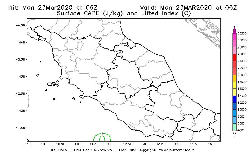 Mappa di analisi GFS - CAPE [J/kg] e Lifted Index [°C] in Centro-Italia
							del 23/03/2020 06 <!--googleoff: index-->UTC<!--googleon: index-->