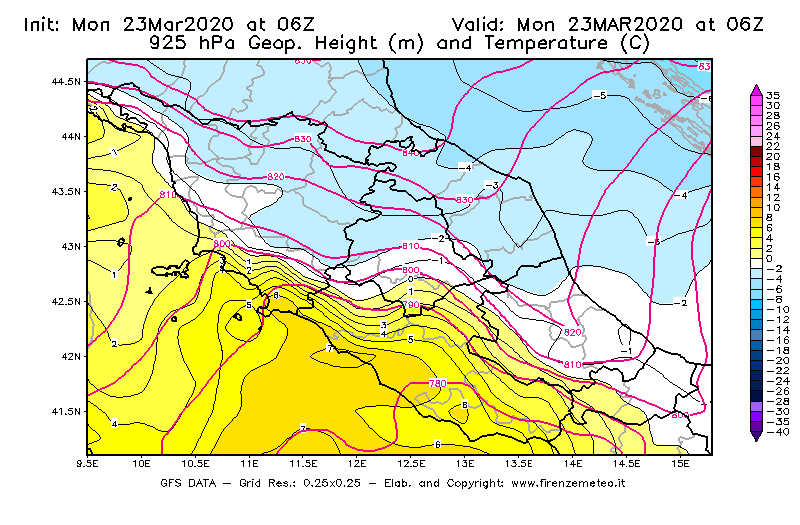 Mappa di analisi GFS - Geopotenziale [m] e Temperatura [°C] a 925 hPa in Centro-Italia
							del 23/03/2020 06 <!--googleoff: index-->UTC<!--googleon: index-->